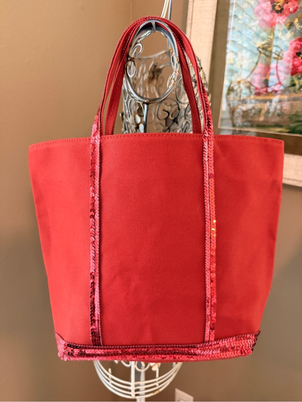 Vanessa Bruno Tomato Red Cabas Tote Bag with Sequin Trim
